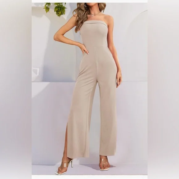 Elegant Tan Jumpsuit with Sexy Leg Slit - Picture 4 of 12